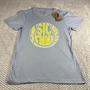 Asics Tennis Graphic T Shirt Blue Yellow Logo Short Sleeve  Size Small NWT